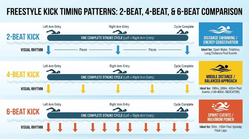 Freestyle kick timing patterns with stroke cycles