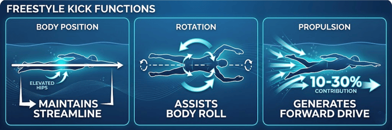 Body position, rotation, and propulsion kick functions
