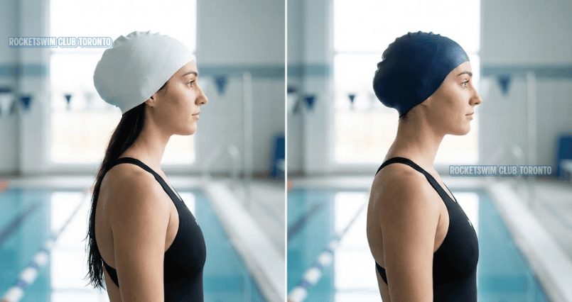 Female swimmer showing double cap layering technique