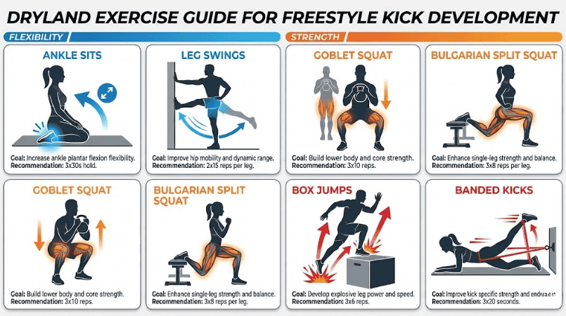 Dryland exercises targeting freestyle kick strength and flexibility