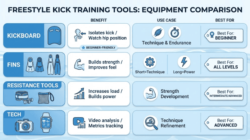 Comparison chart of kickboards, fins, and resistance tools for kick training