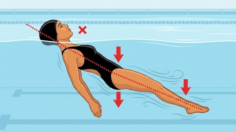 Swimmer looking forward with hips dropped creating drag