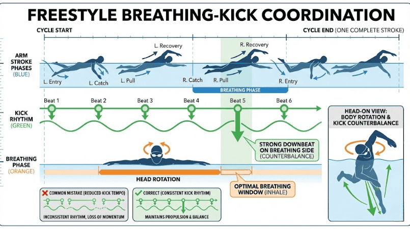 Timing of breathing with freestyle kick rhythm