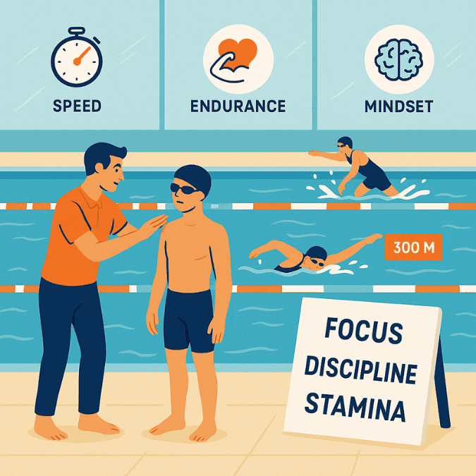 Swim coach guiding young athlete