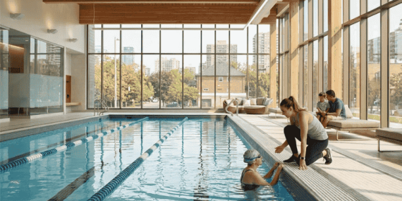 Coach guiding swimmer with personalized poolside instruction