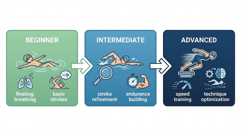 Three-tier swimming skill progression from beginner to advanced