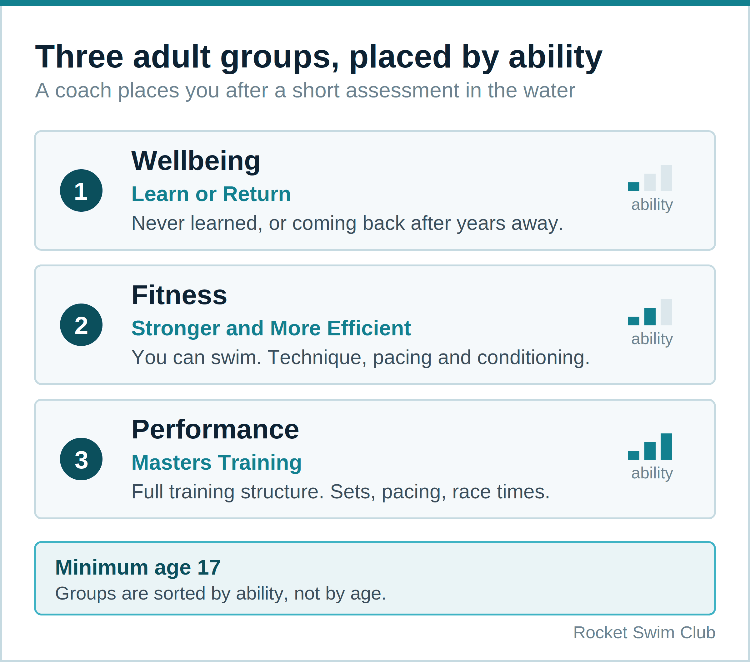 Rocket Swim adult groups Wellbeing, Fitness and Performance, sorted by ability rather than age