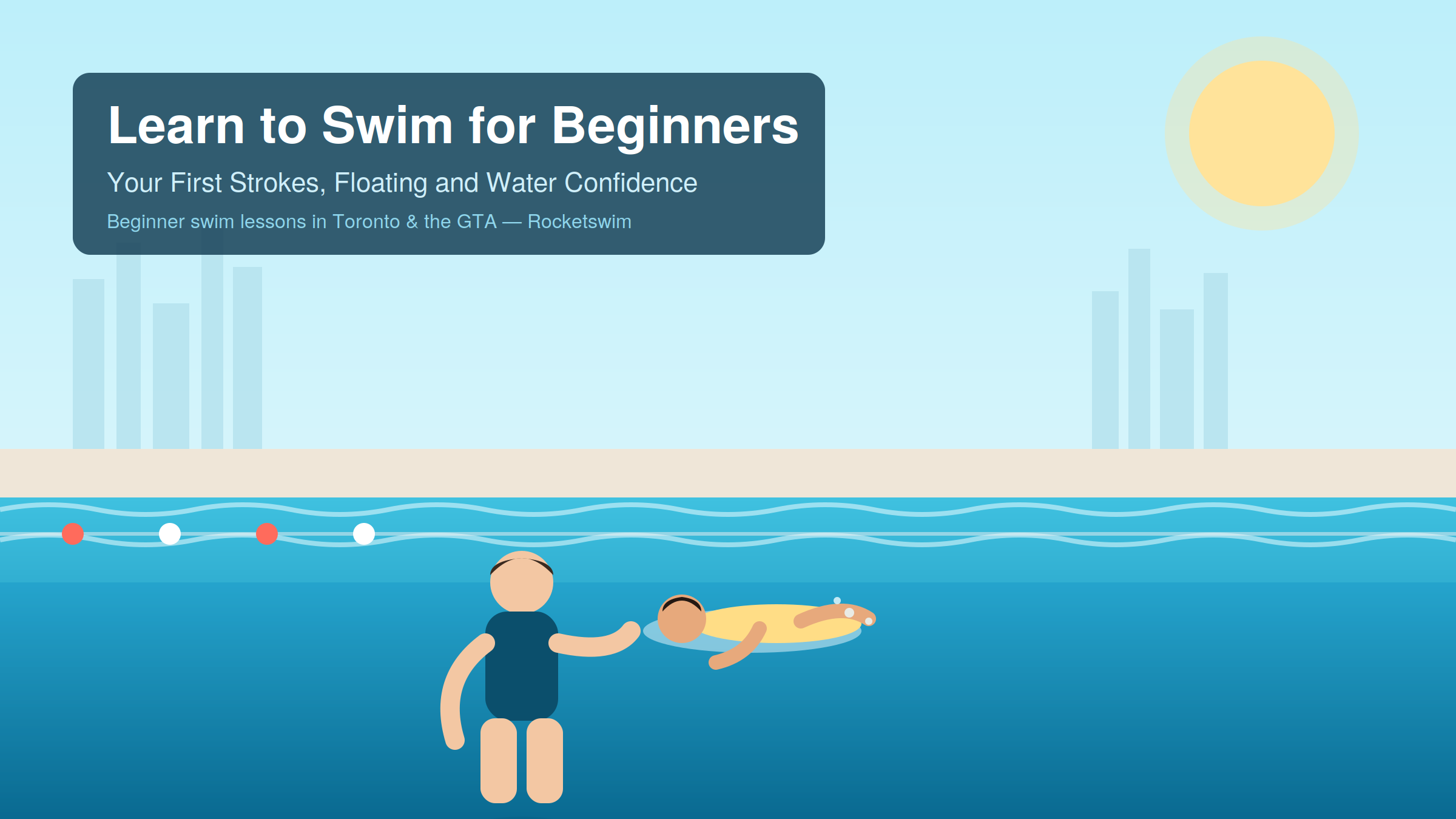 Beginner swimmer floating with a coach in the shallow end, Toronto skyline Rocketswim learn-to-swim lessons